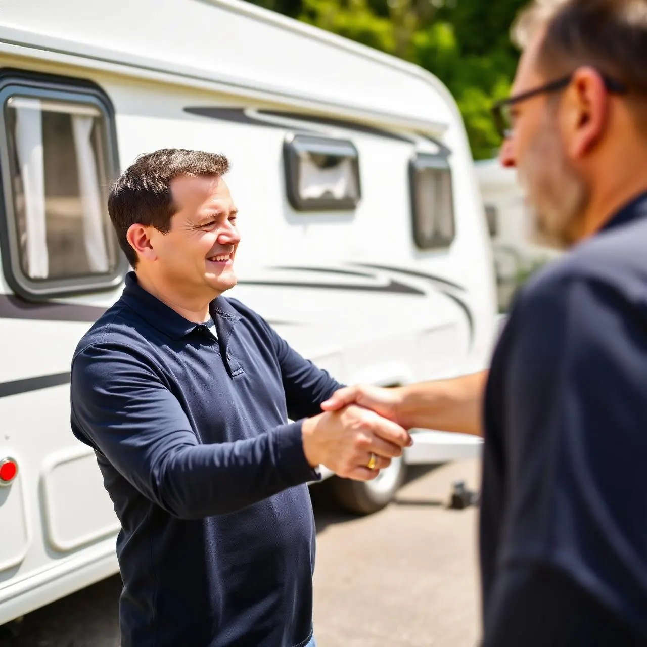 Instant Caravan Sale team member shaking hands with a caravan owner
